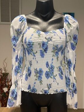VENUS White Smocked Square-Neck Top with Blue Floral Print, Size Medium